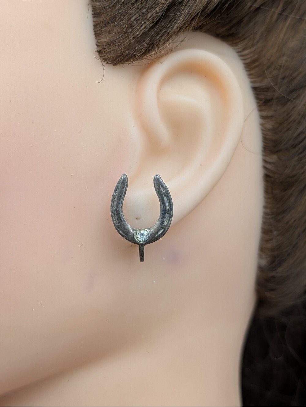 Vintage Sterling Silver Horseshoe Screwback Earrings Clear Rhinestone Equestrian